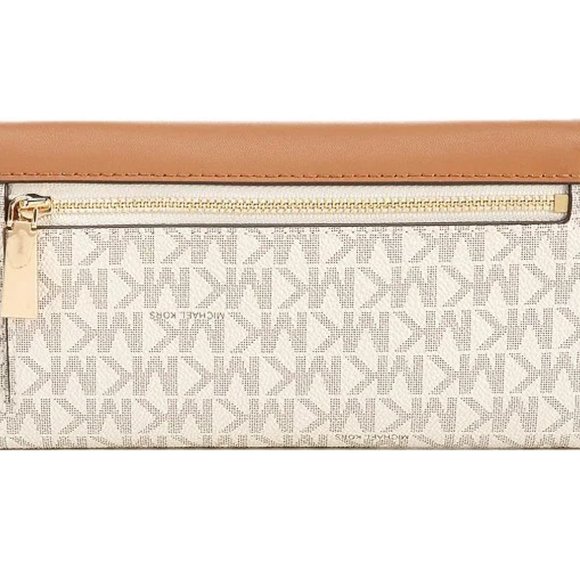 ✅ Michael Kors Jet Set Tri-Fold Large Logo Leather Wallet Acorn / Vanilla ✨ NWT - Picture 4 of 16